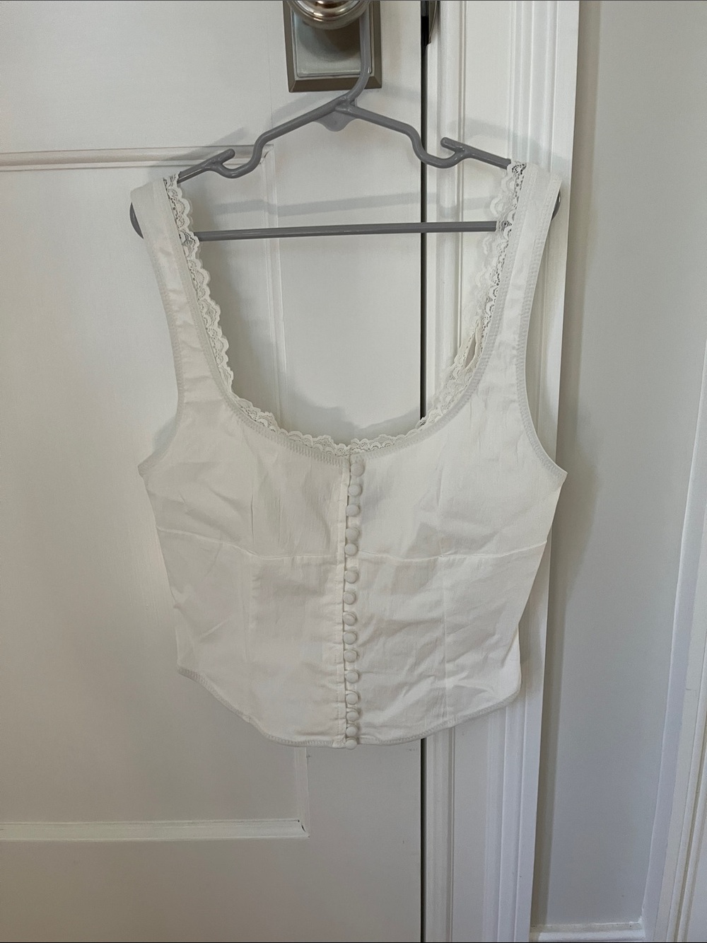 White Fox Boutique White Lace-Trim Button Front Crop Camisole